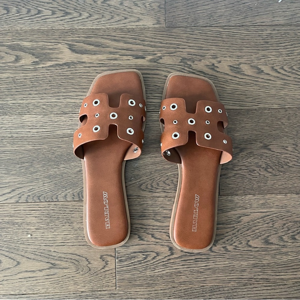 Brown Leather Slide Sandals with Eyelet Detail - Women